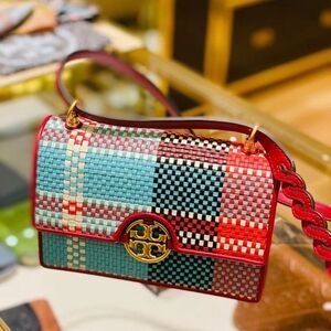 Tory Burch Miller Red and Blue Woven Crossbody Bag